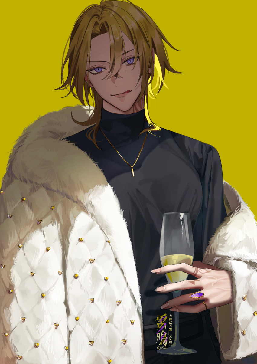 1boy absurdres black_pants black_shirt blonde_hair champagne_flute coat cup drinking_glass finger_tattoo fingernails fur_coat head_tilt highres holding holding_cup jewelry licking_lips long_sleeves looking_at_viewer luca_kaneshiro male_focus medium_hair neck_tattoo nijisanji nijisanji_en pants purple_eyes raimei_naru ring shirt simple_background solo tattoo tongue tongue_out turtleneck turtleneck_shirt virtual_youtuber white_coat yellow_background