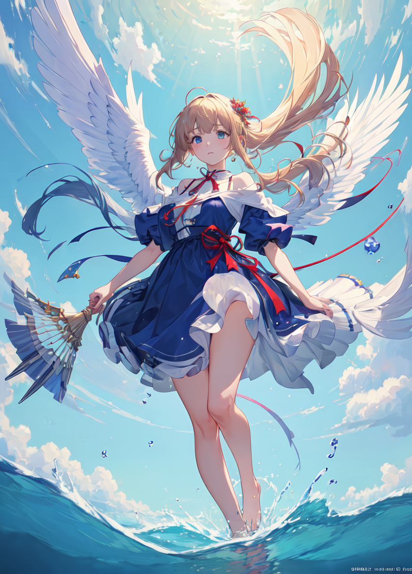 1girls ahoge ai_generated angel_wings bangs bare_legs bare_shoulders barefoot bird blonde_hair blue_dress blue_eyes blue_sky blush breasts closed_mouth cloud cloudy_sky day dress earrings feathered_wings floating_hair flower folding_fan frilled_dress frills full_body hair_flower hair_ornament hair_ribbon hand_fan holding holding_fan jewelry legs long_hair looking_at_viewer medium_breasts natsuyoru neck_ribbon ocean off-shoulder_dress off_shoulder outdoors parted_lips partially_underwater_shot puffy_short_sleeves puffy_sleeves red_flower red_ribbon ribbon short_sleeves sidelocks skirt_hold sky solo standing standing_on_liquid sun sunlight thighs toes unnamed_character very_long_hair wading water water_drop white_wings wind wings