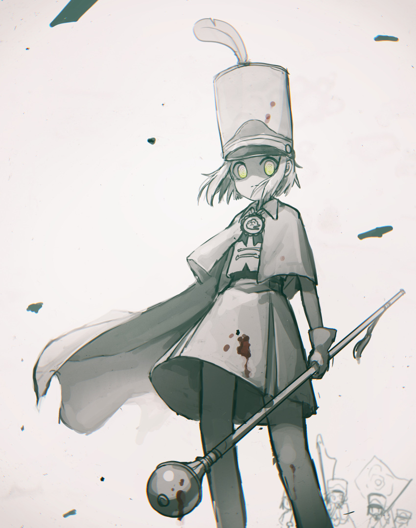 @_@ absurdres blood blood_on_clothes blood_splatter cape capelet curry_milks gloves gradient_eyes hat_feather highres marching_band_baton milgram momose_amane monochrome multicolored_eyes pleated_skirt plume serious shukusei_maachi skirt white_background wind