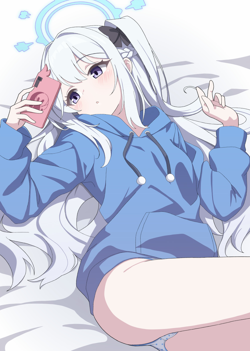 :o absurdres black_bow blue_archive blue_halo blue_hoodie blush bow braid breasts casual cellphone commentary_request drawstring female grey_hair hairbow halo highres holding holding_phone hood hood_down hoodie korean_commentary long_hair long_sidelocks long_sleeves looking_at_phone miyako_(blue_archive) miyako_(young)_(blue_archive) official_alternate_costume one_side_up open_mouth panties phone polka_dot polka_dot_panties purple_eyes selfie sidelocks smartphone solo underwear vector_(dmlddmld00) white_background white_panties