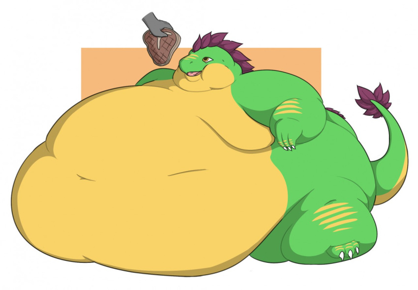 2018 3_toes 4_fingers anthro beef belly belly_rolls bent_arm big_belly chubby_cheeks claws colored digital_drawing_(artwork) digital_media_(artwork) dinosaur disembodied_hand double_chin fangs feathered_crest feathers feet finger_claws fingers food green_body green_scales green_tail grey_body grey_skin head_crest holding_food holding_object holding_steak huge_belly immobile male male_anthro meat moobs morbidly_obese morbidly_obese_anthro morbidly_obese_male multicolored_body multicolored_scales navel nude_anthro nude_male obese obese_anthro obese_male open_mouth open_smile orange_eyes overweight overweight_anthro overweight_male pink_tongue prehistoric_species rectangle reptile scales scalie shaded simple_background simple_shading sitting smile solo steak tail teeth theannoyingnpc theropod thick_thighs toe_claws toes tongue troodon troodon_(character) troodontid two_tone_body two_tone_scales white_background white_claws yellow_body yellow_scales yellow_tail