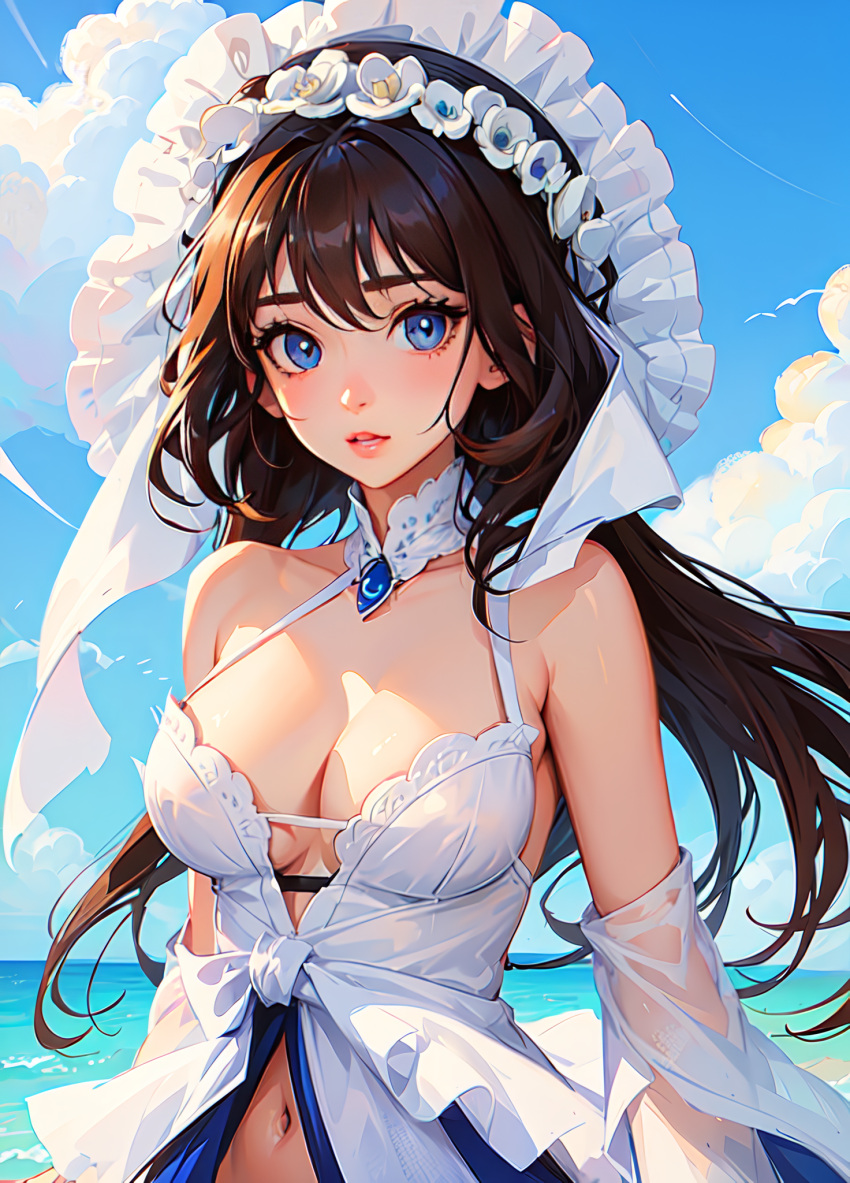 1girls ai_generated bangs bare_shoulders beach bikini bird blue_eyes blue_gemstone blue_sky blush bonnet breasts brooch brown_hair cleavage cloud cloudy_sky collarbone day detached_collar detached_sleeves dress flower gem hair_ornament halter_dress halterneck head_wreath horizon jewelry large_breasts lips long_hair looking_at_viewer medium_breasts natsuyoru navel navel_cutout ocean outdoors parted_lips see-through sky sleeveless sleeveless_dress solo stomach swimsuit unnamed_character upper_body water white_dress white_flower white_headwear