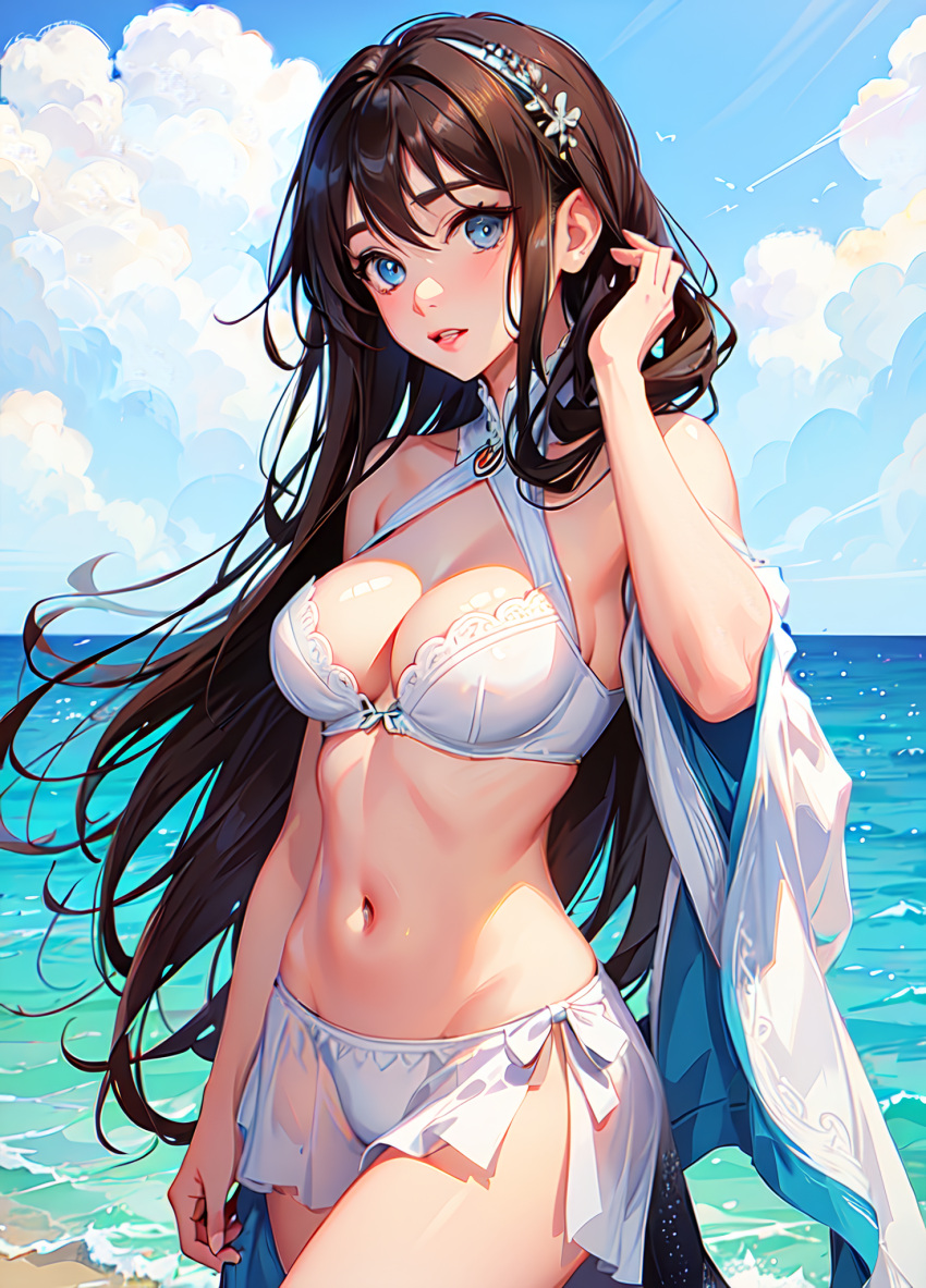 1girls ai_generated bangs bare_shoulders beach bikini bikini_skirt blue_eyes blue_sky blush breasts brown_hair cleavage cloud collarbone cowboy_shot day flower groin hair_flower hair_ornament hairband halterneck hand_in_own_hair hand_up horizon large_breasts lips long_hair looking_at_viewer medium_breasts natsuyoru navel ocean open_mouth outdoors parted_lips sand see-through shawl skirt sky smile solo standing stomach swimsuit thighs unnamed_character very_long_hair water white_bikini white_skirt