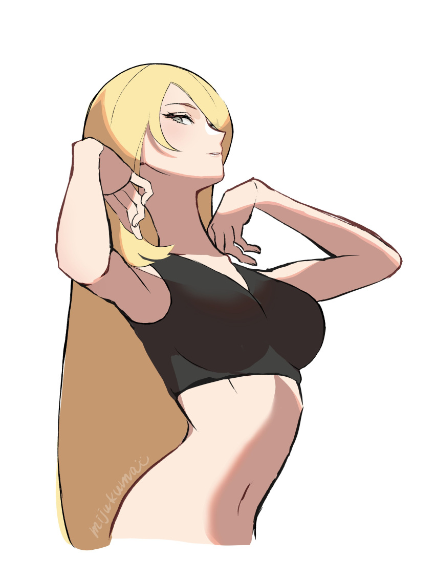 absurdres black_bra blonde_hair bra breasts cynthia_(pokemon) female grey_eyes hair_over_one_eye highres long_hair mijukuma navel pokemon signature simple_background solo sports_bra twitter_username underwear upper_body white_background