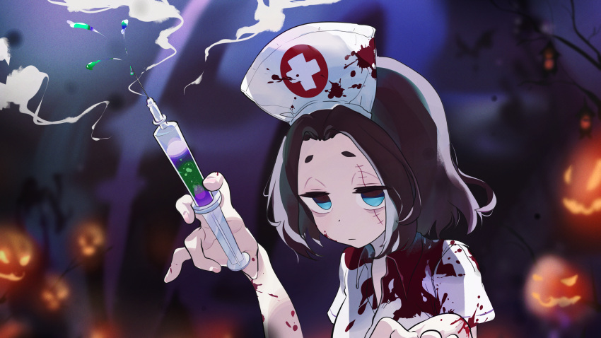 absurdres blood blood_on_clothes blood_on_face blue_eyes blurry blurry_background brown_hair closed_mouth dress female halloween hat highres holding holding_syringe jack-o'-lantern medium_hair mo0o0rae nurse nurse_cap portrait senpai_ga_uzai_kouhai_no_hanashi solid_eyes solo stitched_face stitches syringe tsukishiro_mona_(shiromanta) white_dress