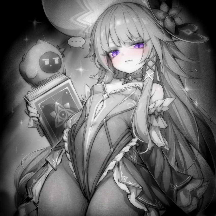 ... artist_name book breasts closed_mouth commentary_request detached_sleeves female greyscale herta_(honkai:_star_rail) herta_(simulated_universe_avatar)_(honkai:_star_rail) herta_(unknowable_domain)_(honkai:_star_rail) highres holding holding_book honkai:_star_rail honkai_(series) kupa_(jesterwii) long_hair looking_at_viewer monochrome pantyhose purple_eyes small_breasts solo spoken_ellipsis sweat sweatdrop