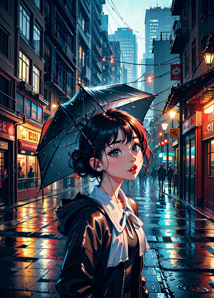 1girls 6+others ai_generated bangs black_hair black_jacket blue_eyes building city cityscape crosswalk crowd day earrings ground_vehicle hair_bun holding holding_umbrella hood hood_down hooded_jacket hoodie jacket jewelry lamppost lips lipstick looking_at_viewer makeup multiple_others natsuyoru neck_ribbon night open_clothes outdoors parted_lips people power_lines rain red_lips reflection ribbon road scenery shirt short_hair sign single_hair_bun sky solo solo_focus street town transparent transparent_umbrella umbrella unnamed_character upper_body vanishing_point wet white_shirt zipper