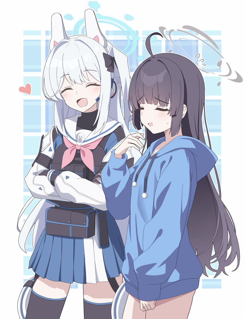 2girls :d ^_^ absurdres ahoge animal_ears black_bow black_hair black_thighhighs blue_archive blue_halo blue_hoodie blue_serafuku blue_skirt borrowed_clothes bow braid closed_eyes commentary_request cowboy_shot crossed_arms drawstring fake_animal_ears grey_hair hairbow halo headset heart highres hood hood_down hoodie korean_commentary light_blush long_hair long_sleeves miyako_(blue_archive) miyu_(blue_archive) multiple_girls neckerchief open_mouth pink_neckerchief pleated_skirt rabbit_ears school_uniform serafuku skirt smile thighhighs vector_(dmlddmld00) white_background