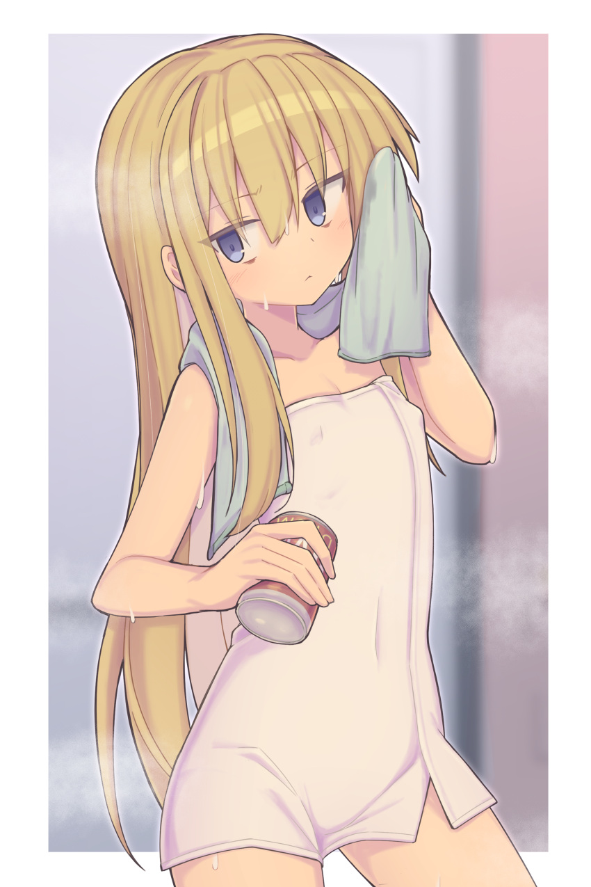 absurdres blonde_hair blue_eyes blurry blurry_background border breasts can cleavage commentary_request drink_can female hair_between_eyes highres holding holding_can holding_towel konnyakugozen long_hair original outside_border soda_can solo standing steaming_body sweat towel v-shaped_eyebrows very_long_hair wet white_border