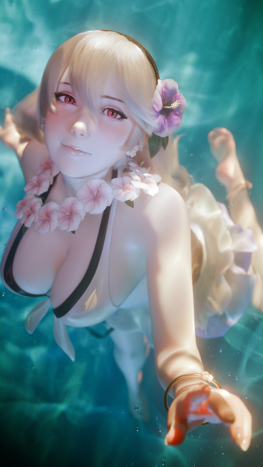 3d absurdres aqua_background barefoot bikini bikini_skirt blonde_hair blurry blush bracelet breasts closed_mouth corrin_(female)_(fire_emblem) corrin_(female)_(novice_vacationer)_(fire_emblem) corrin_(fire_emblem) depth_of_field earrings eyelashes feet female fire_emblem fire_emblem_fates fire_emblem_heroes flower flower_necklace front-tie_bikini_top front-tie_top full_body hair_between_eyes hair_flower hair_ornament highres j9006 jewelry large_breasts lips long_hair looking_at_viewer pink_eyes pink_flower soles solo swimsuit underwater white_bikini