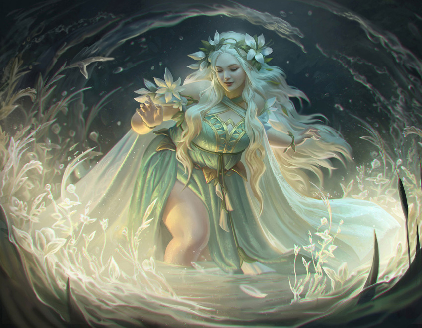 arm_up blonde_hair breasts closed_eyes commentary dress english_commentary female flower glowing_plants goldberry green_dress laurel_crown light-skinned_palms long_hair looking_down magic magic:_the_gathering marie_magny medium_breasts night outdoors partially_submerged plump solo the_lord_of_the_rings thick_thighs thighs tolkien's_legendarium water white_flower white_petals