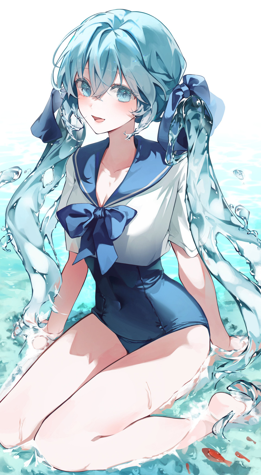 :d absurdres blue_bow blue_eyes blue_hair blue_one-piece_swimsuit bow bowtie breasts female fish goldfish hair_between_eyes hairbow hatsune_miku highres in_water kneeling liquid_hair looking_at_viewer medium_breasts myanya necktie one-piece_swimsuit sailor_collar sailor_shirt school_swimsuit shirt smile solo swimsuit thighs twintails vocaloid white_background