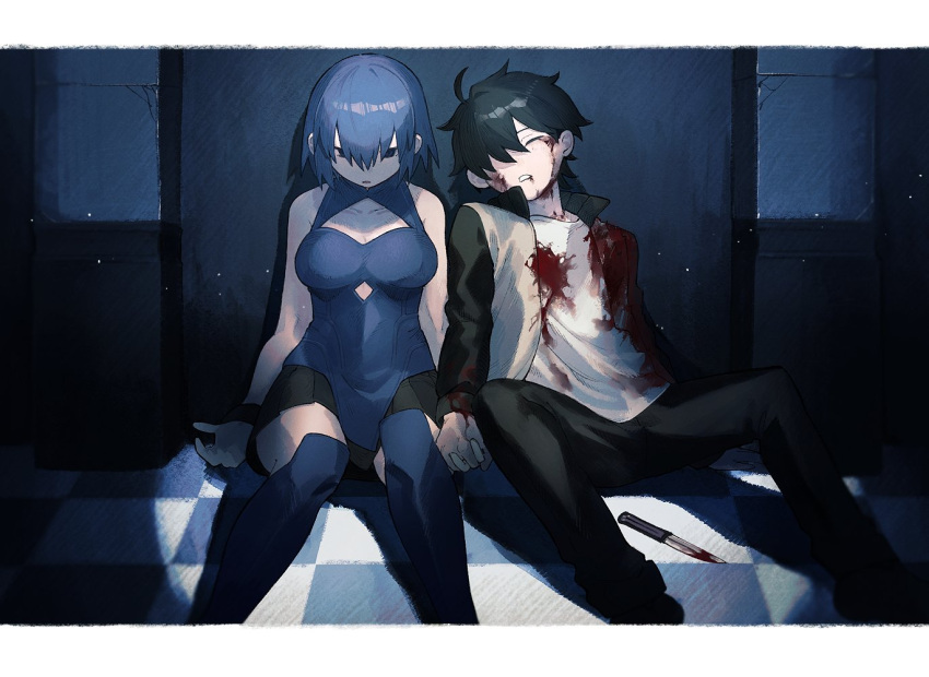 1boy ahoge black_hair black_pants blood blood_on_clothes blood_on_face blood_on_hands blue_eyes blue_hair ciel_(tsukihime) closed_eyes closed_mouth commentary_request female hair_between_eyes hair_over_one_eye holding_hands injury knife long_sleeves official_alternate_costume ooo000_ccc pants powered_ciel sitting sleeveless tohno_shiki tsukihime tsukihime_(remake) weapon