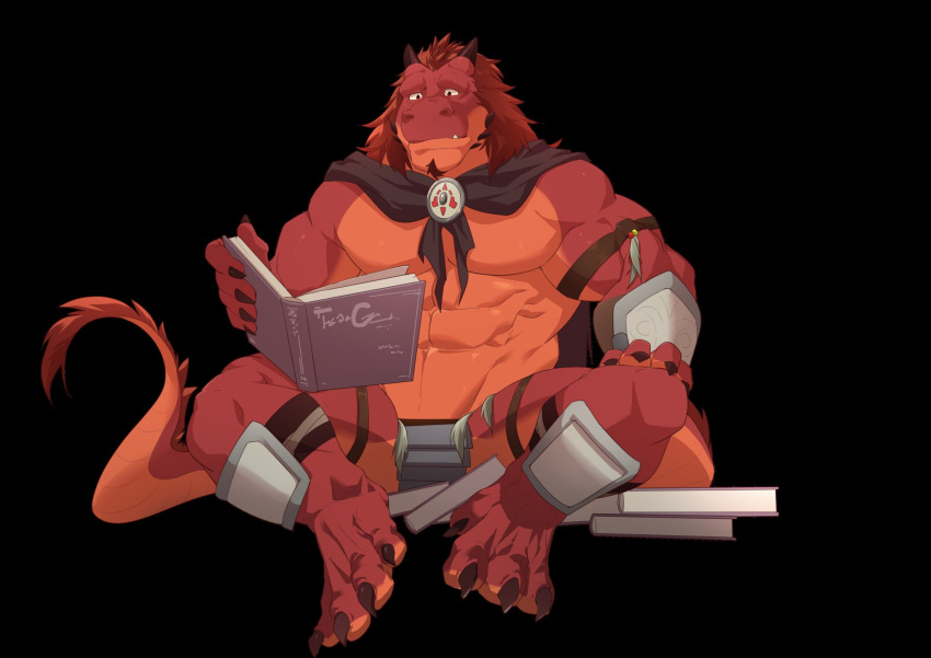 2_horns abs anthro book claws guran hair hi_res horn lizardfolk_(lustful_desires) lizardman lustful_desires male muscular muscular_anthro muscular_male paws pecs reading reading_book roushk_(lustful_desires) scalie solo tail