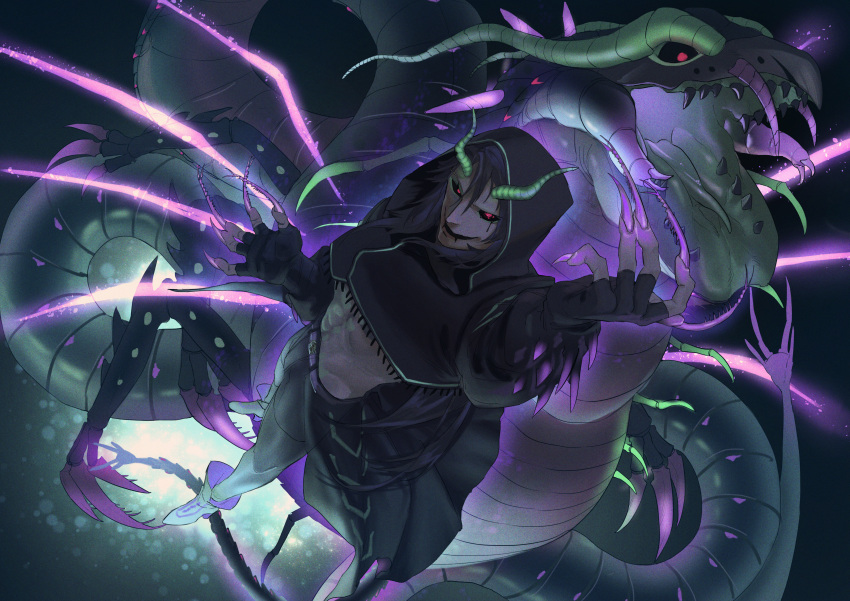 1boy absurdres black_cloak black_hair black_sclera black_teeth cloak colored_sclera commentary_request crop_top dragon dragon_boy dragon_horns dragon_tail fangs fingernails foreshortening from_above full_body grin highres hood hood_up horns long_hair looking_at_viewer male_focus original red_eyes sharp_fingernails smile solo standing tail toned toned_male touryu_23 very_long_fingernails very_long_hair