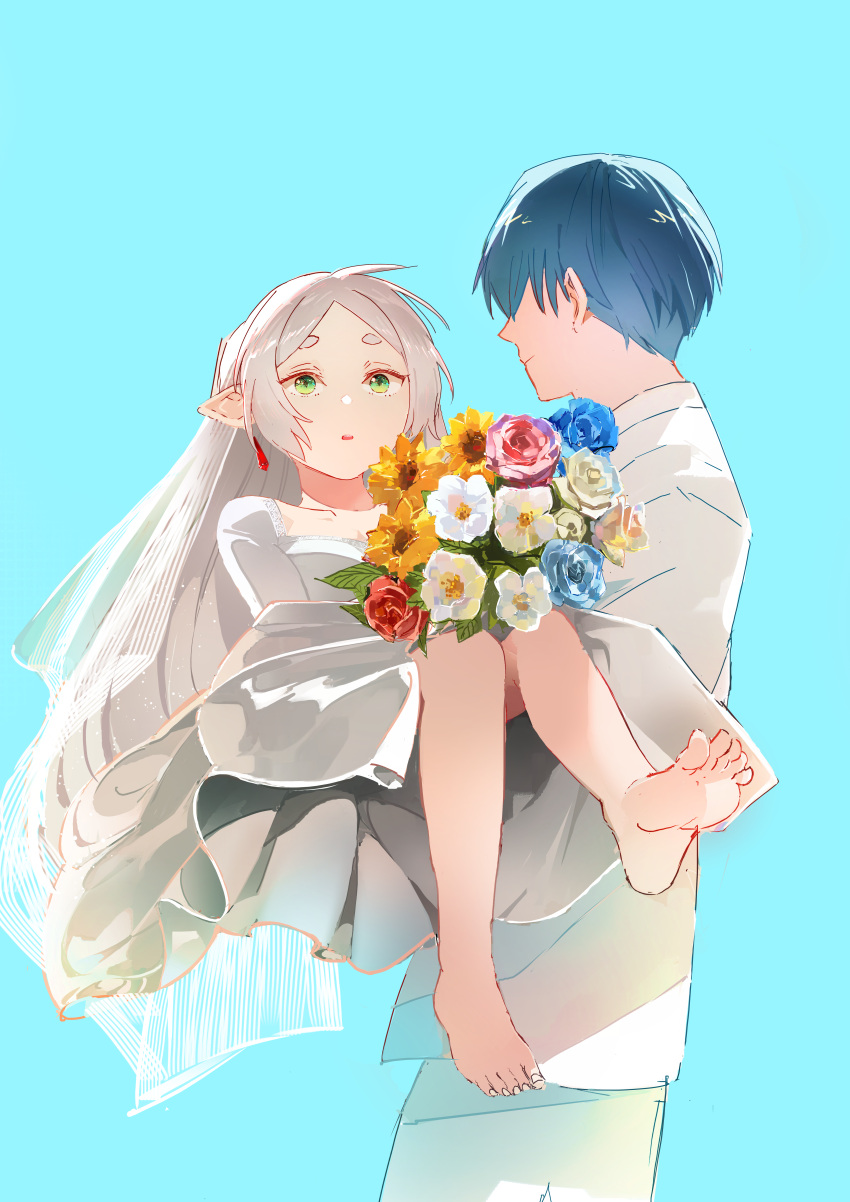 1boy absurdres barefoot blue_hair bouquet bridal_veil carrying collarbone couple dress elf feet female flower frieren green_eyes highres himmel_(sousou_no_frieren) holding holding_bouquet long_hair nezumiro open_mouth pointy_ears princess_carry soles sousou_no_frieren toenails veil wedding wedding_dress white_hair