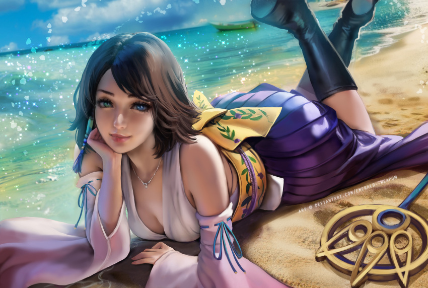 absurdres beach black_footwear blue_eyes blue_skirt blue_sky border breasts brown_hair cleavage detached_sleeves earrings emerald-weapon female final_fantasy final_fantasy_x green_eyes heterochromia highres japanese_clothes jewelry leg_up looking_at_viewer lying medium_breasts necklace obi parted_bangs sash short_hair single_earring skirt sky solo staff staff_(ff10) white_border yuna_(ff10)