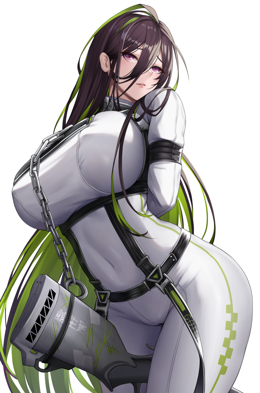 absurdres arms_behind_back black_hair bodysuit bound bound_arms breasts chains contrapposto covered_navel cowboy_shot cuffs female goddess_of_victory:_nikke green_hair guilty_(nikke) hair_behind_ear highres huge_breasts kurone_rinka long_hair multicolored_hair parted_lips purple_eyes restrained shackles skin_tight solo straitjacket two-tone_hair very_long_hair white_bodysuit