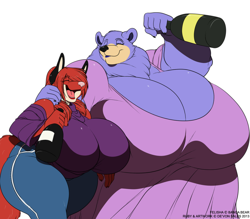 2013 anthro bear big_breasts bottle bottomwear breasts canid canine closed_eyes clothing container deonwolf digital_media_(artwork) dress duo felisha_(bangabear) female fox fur huge_breasts hyper hyper_breasts mammal neck_tuft obese obese_anthro obese_female open_mouth overweight overweight_anthro overweight_female pants red_body red_fur ruby_(deonwolf) shirt topwear tuft