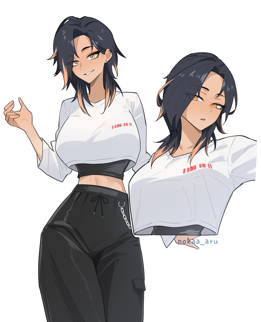 black_hair black_pants chains character_request copyright_request cropped_shirt female highres long_sleeves multicolored_hair nokaa_aru orange_eyes pants shirt simple_background solo streaked_hair sweatpants twitter_username white_background white_shirt