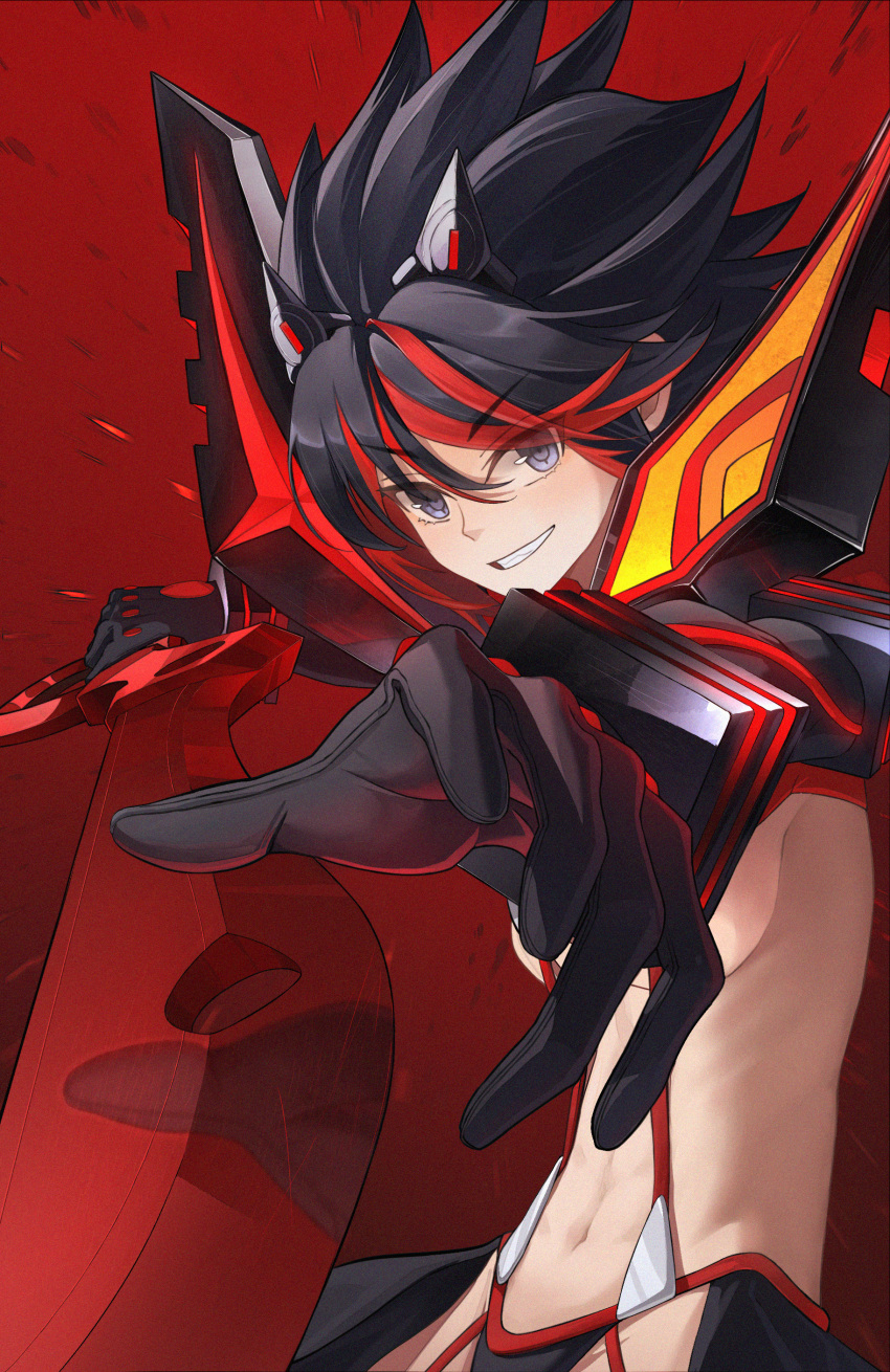 absurdres black_hair breasts commentary female foreshortening highres kamui_(kill_la_kill) kill_la_kill life_fiber living_clothes matoi_ryuuko multicolored_hair red_background red_streaks revealing_clothes scissor_blade_(kill_la_kill) senketsu solo streaked_hair suspenders two-tone_hair underboob yeyiye_(2954504619)