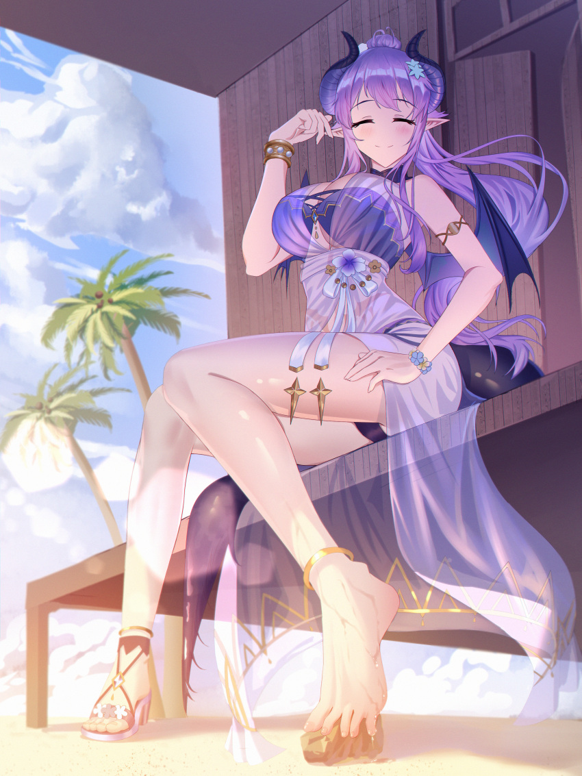 absurdres bare_legs bikini bracelet breasts closed_eyes closed_mouth collar dragon_girl dragon_horns dragon_tail dragon_wings feet female flower flower_bracelet full_body gold_anklet high_ponytail highres homare_(princess_connect!) homare_(summer)_(princess_connect!) horns jewelry knees_together_feet_apart large_breasts legs long_hair mariniy princess_connect! purple_bikini purple_collar purple_flower purple_hair purple_horns purple_sarong purple_tail purple_wings sandals sarong see-through_clothes see-through_sarong sitting smile solo spread_toes strappy_heels swimsuit tail toenails toes wings