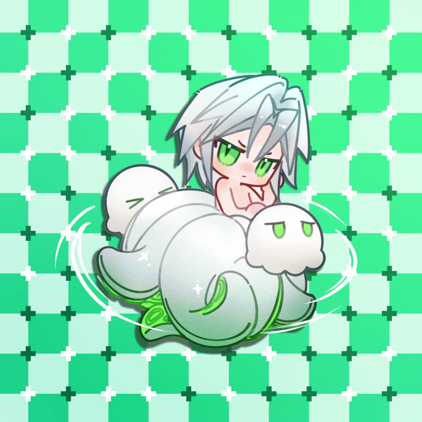 1boy cake_(xiaohongshu) chibi chibi_only chinese_commentary commentary_request final_fantasy final_fantasy_vii final_fantasy_vii_ever_crisis full_body green_background green_eyes green_theme grey_hair hand_on_own_cheek hand_on_own_face highres looking_at_viewer male_focus monsterification octopus octopus_boy optical_illusion parted_bangs primrose_field_illusion sephiroth sephiroth_(ever_crisis) serious slit_pupils solo sparkle tentacle topless_male