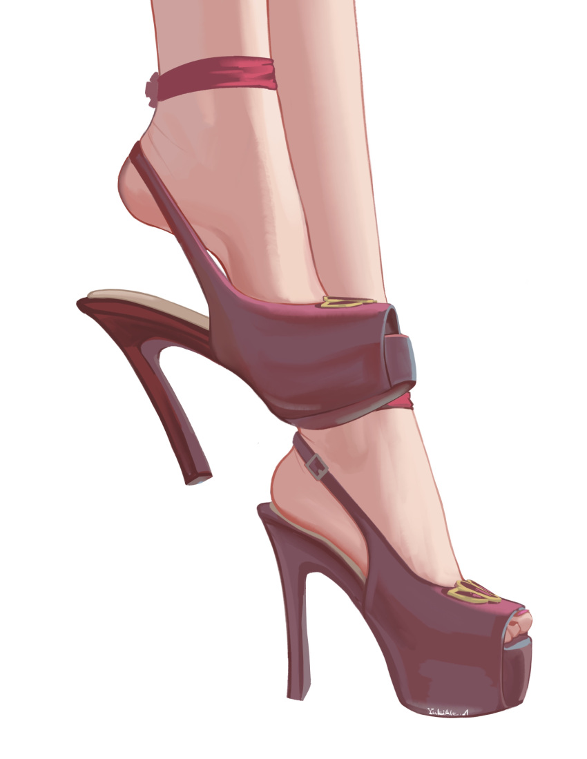 absurdres artist_name character_request copyright_request feet feet_only female foot_focus footwear_focus high_heels highres nail_polish red_footwear sandals shoe_dangle signature simple_background solo stiletto_heels strappy_heels toenail_polish toenails toes white_background yukiale