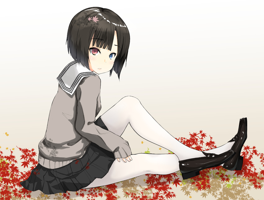 axela_(ki0929) black_hair black_skirt commentary_request eyebrows female heterochromia looking_at_viewer original pantyhose school_uniform shoes short_hair sitting skirt solo white_pantyhose