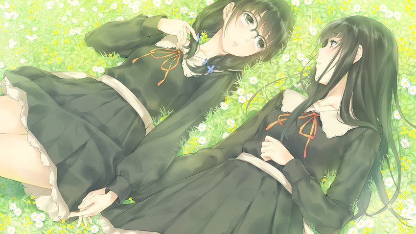 2girls flowers flowers_(game) game_cg glasses hanabishi_rikka innocent_grey long_hair ribbons seifuku shirahane_suou sugina_miki