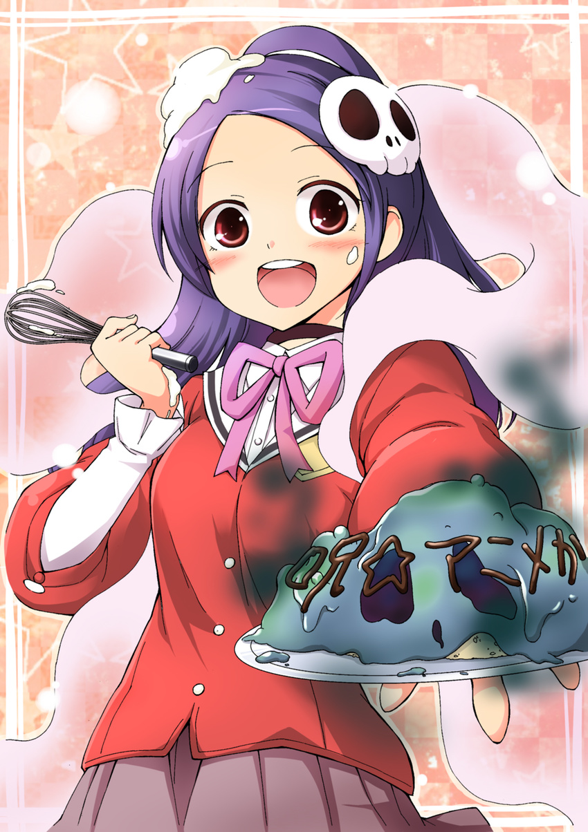 bad_food commentary_request elysia_de_lute_ima female food food_on_face fuyutarou hair_ornament highres kami_nomi_zo_shiru_sekai photoshop_(medium) plate purple_eyes purple_hair school_uniform skirt skull_hair_ornament solo whisk