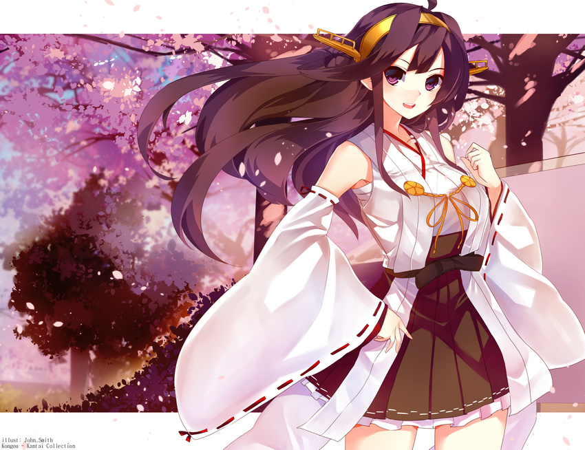 ahoge brown_hair brown_skirt commentary_request female hairband hakama hakama_short_skirt hakama_skirt headgear highres japanese_clothes john.smith kantai_collection kongou_(kancolle) long_hair nontraditional_miko open_mouth petals skirt smile solo tree