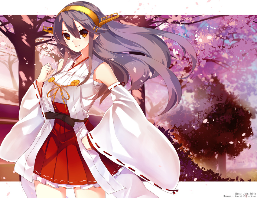 bare_shoulders black_hair brown_eyes commentary_request female hairband hakama hakama_short_skirt hakama_skirt hand_on_own_hip haruna_(kancolle) highres japanese_clothes john.smith kantai_collection long_hair nontraditional_miko red_skirt skirt smile solo