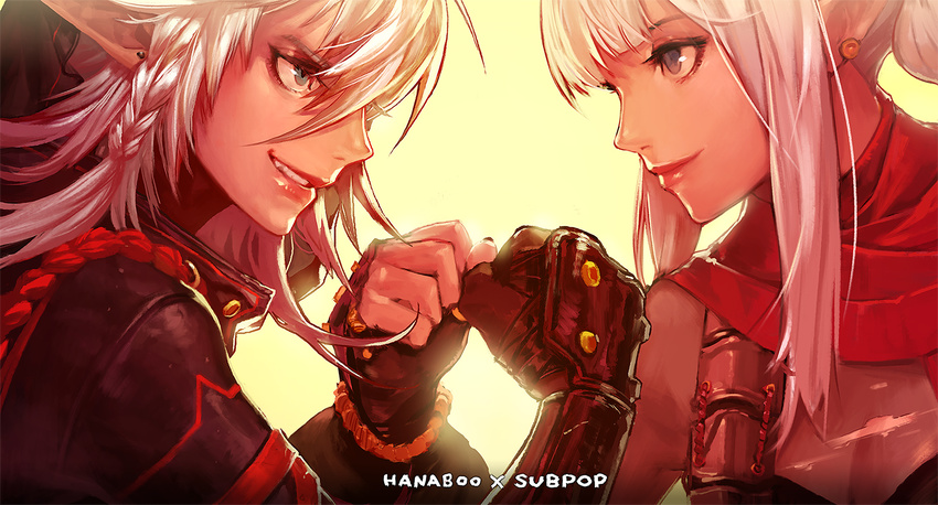 2girls bad_id bad_twitter_id blue_eyes blunt_bangs braid breasts cleavage dark-skinned_female dark_skin dungeon_and_fighter earrings fingerless_gloves gloves grin highres jewelry kim_hana kunoichi_(dungeon_and_fighter) multiple_girls pinky_swear pointy_ears shadow_dancer_(dungeon_and_fighter) side_ponytail small_breasts smile teeth thief_(dungeon_and_fighter) white_hair