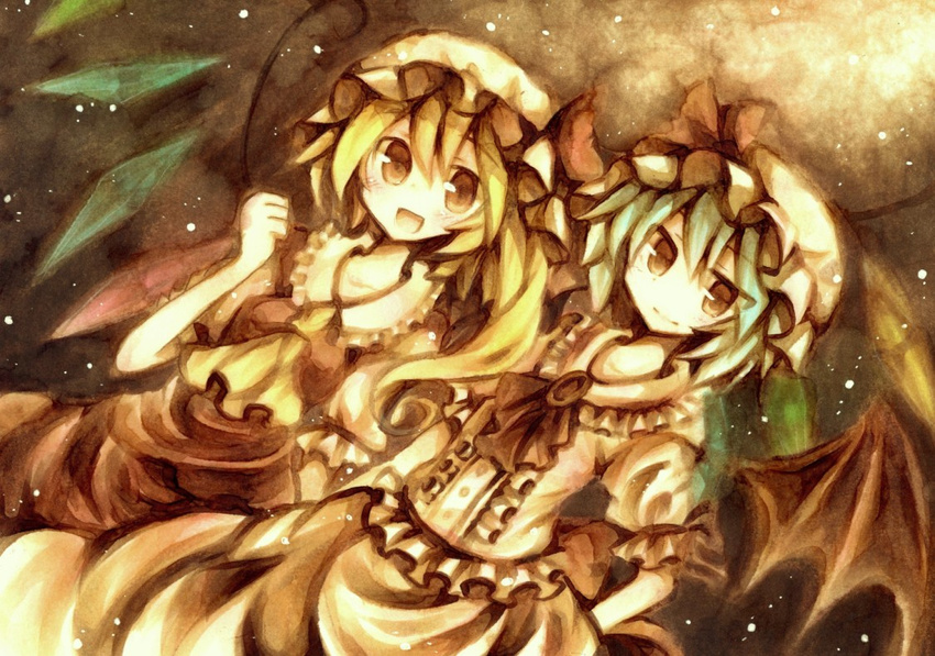 2girls blonde_hair blue_hair flandre_scarlet hat red_eyes remilia_scarlet ribbons short_hair touhou wings wiriam07