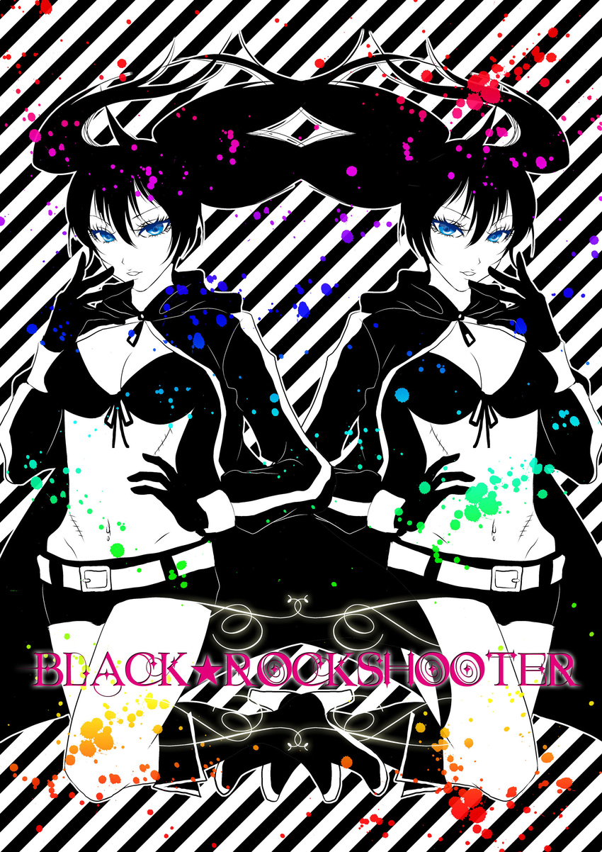 absurdres bad_id bad_pixiv_id bikini bikini_top_only black_hair black_rock_shooter black_rock_shooter_(character) black_shorts blue_eyes boots breasts cape cleavage female gloves highres large_breasts no_shirt photoshop_(medium) scar shorts soga_(dirty69star) swimsuit twintails