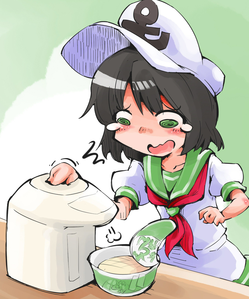 commentary_request cup_ramen donbei_kitsune_udon female green_eyes highres instant_udon murasa_minamitsu neckerchief nissin_donbei open_mouth puffy_sleeves sailor school_uniform serafuku shinapuu short_sleeves solo tears touhou water_boiler wavy_mouth