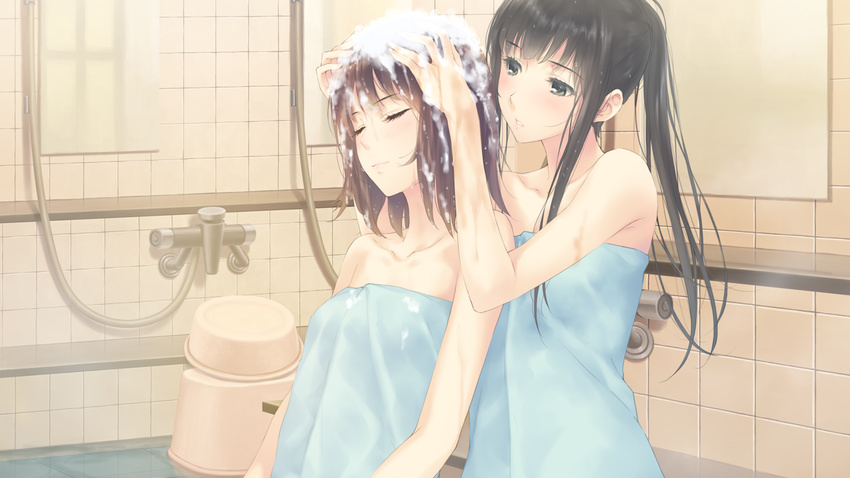 2girls bath black_hair brown_hair flowers_(game) game_cg innocent_grey kousaka_mayuri long_hair shirahane_suou sugina_miki towel