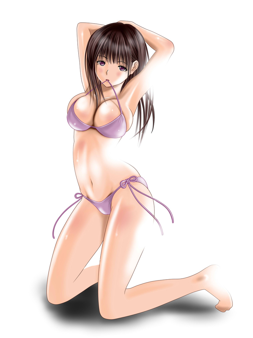 absurdres anegasaki_nene armpits arms_behind_head bikini breasts brown_hair cleavage commentary_request female highres kneeling large_breasts long_hair love_plus mole mole_under_eye mouth_hold purple_eyes shadow side-tie_bikini_bottom solo swimsuit zakuro0508