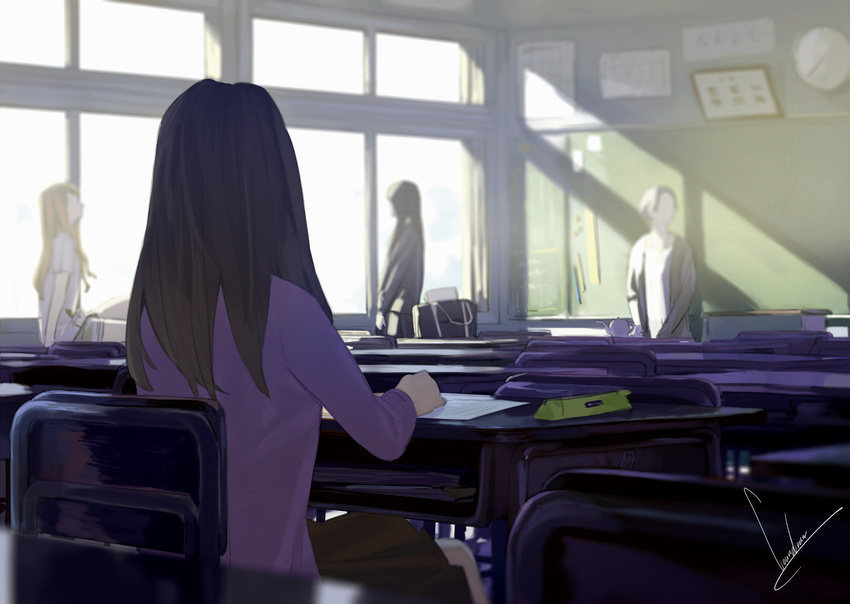 4girls analog_clock artist_name bag brown_hair chalkboard classroom clock commentary_request desk from_behind highres indoors koyanagi_nanoka loundraw mata_onaji_yume_wo_miteita multiple_girls purple_shirt school_bag school_desk shirt shoulder_bag signature sitting skirt solo_focus standing sunlight window window_shadow