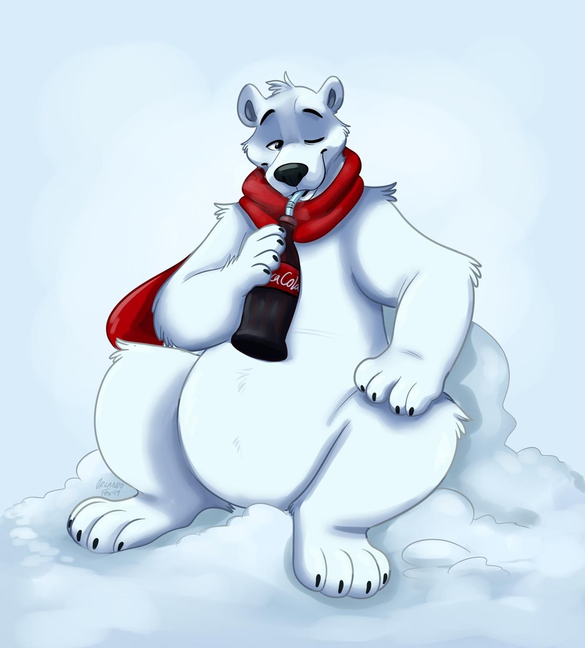 2019 anthro bear beverage black_nose clothing coca-cola fur hi_res male mammal northern_lights_(coca-cola) orlandofox polar_bear scarfs snow solo toony ursine white_body white_fur