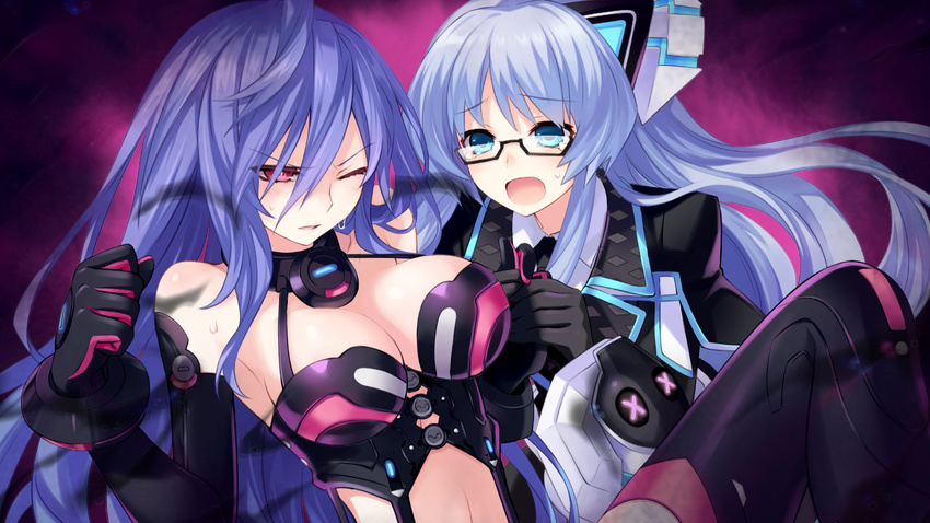 2girls blue_eyes blue_hair breasts cleavage dominatrix elbow_gloves game_cg glasses gloves highres iris_heart kiseijou_rei large_breasts long_hair multiple_girls navel neptune_(series) official_art power_symbol power_symbol-shaped_pupils purple_hair red_eyes symbol-shaped_pupils tears tsunako very_long_hair