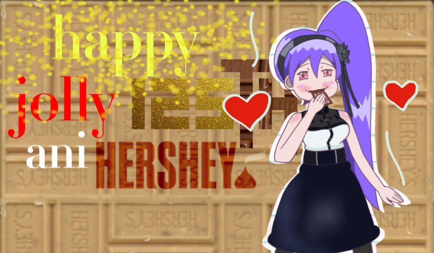 candy chocolate chocolate_bar classicaloid cosplay dagashi_kashi female flower food hair_flower hair_ornament hershey's high-waist_skirt jolly_(classicaloid) purple_hair shidare_hotaru shidare_hotaru_(cosplay) skirt solo source_request