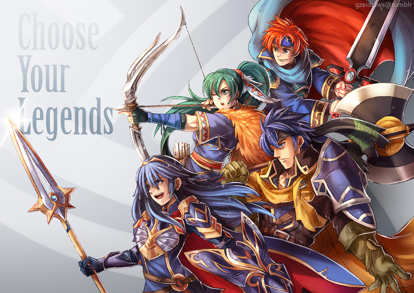 armor arrow_(projectile) axe blue_hair bow_(weapon) breastplate cape commentary_request fire_emblem fire_emblem:_path_of_radiance fire_emblem:_radiant_dawn fire_emblem:_the_binding_blade fire_emblem:_the_blazing_blade fire_emblem_awakening fire_emblem_heroes green_hair grin gzei headband highres holding holding_shield holding_sword holding_weapon huge_weapon ike_(brave_mercenary)_(fire_emblem) ike_(fire_emblem) long_hair lucina_(brave_princess)_(fire_emblem) lucina_(fire_emblem) lyn_(brave_lady)_(fire_emblem) lyn_(fire_emblem) pauldrons photoshop_(medium) polearm ponytail quiver red_hair roy_(brave_lion)_(fire_emblem) roy_(fire_emblem) shield shoulder_armor smile spear spiked_hair sword weapon