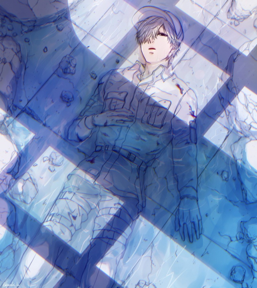 1boy bad_id bad_twitter_id bou_(maimoca501) from_above gloves hair_over_one_eye hand_on_own_chest hat hataraku_saibou highres long_sleeves looking_at_viewer lying male_focus neutrophil pale_skin shadow solo u-1146 uniform white_blood_cell_(hataraku_saibou) white_theme