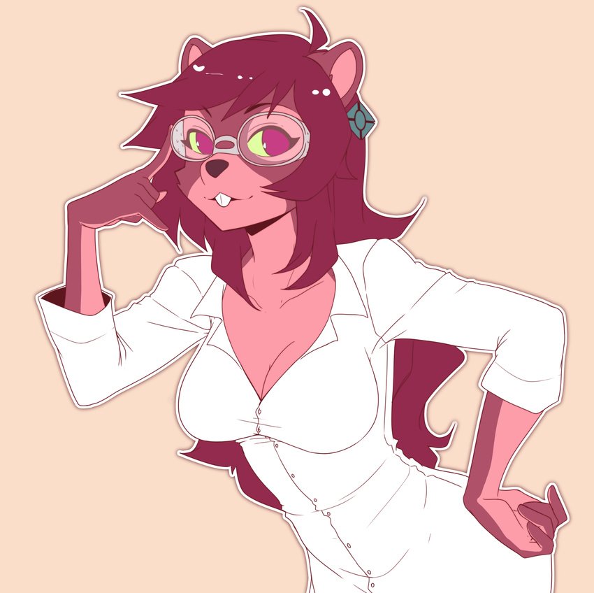 absurd_res anthro breasts buckteeth cleavage clothed clothing digital_media_(artwork) eyewear female glasses gopher hair hi_res looking_at_viewer mammal rodent simple_background solo suelix teeth