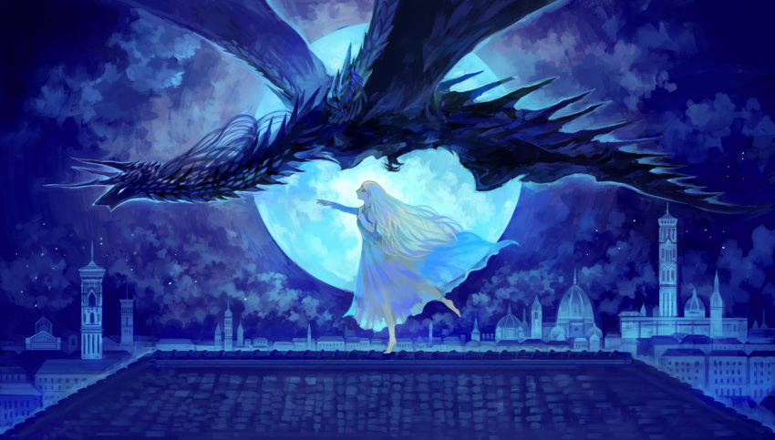 blue_moon blue_sky blue_theme cityscape claws closed_eyes cloud cloudy_sky commentary_request dragon dress female flying from_side full_moon hand_on_own_chest highres horns huge_moon long_hair moon night night_sky on_roof original outdoors outstretched_arm outstretched_leg profile reaching rooftop sakaya313 scales sky standing standing_on_one_leg star_(sky) starry_sky toe-point tower very_long_hair western_dragon white_hair wide_shot wings