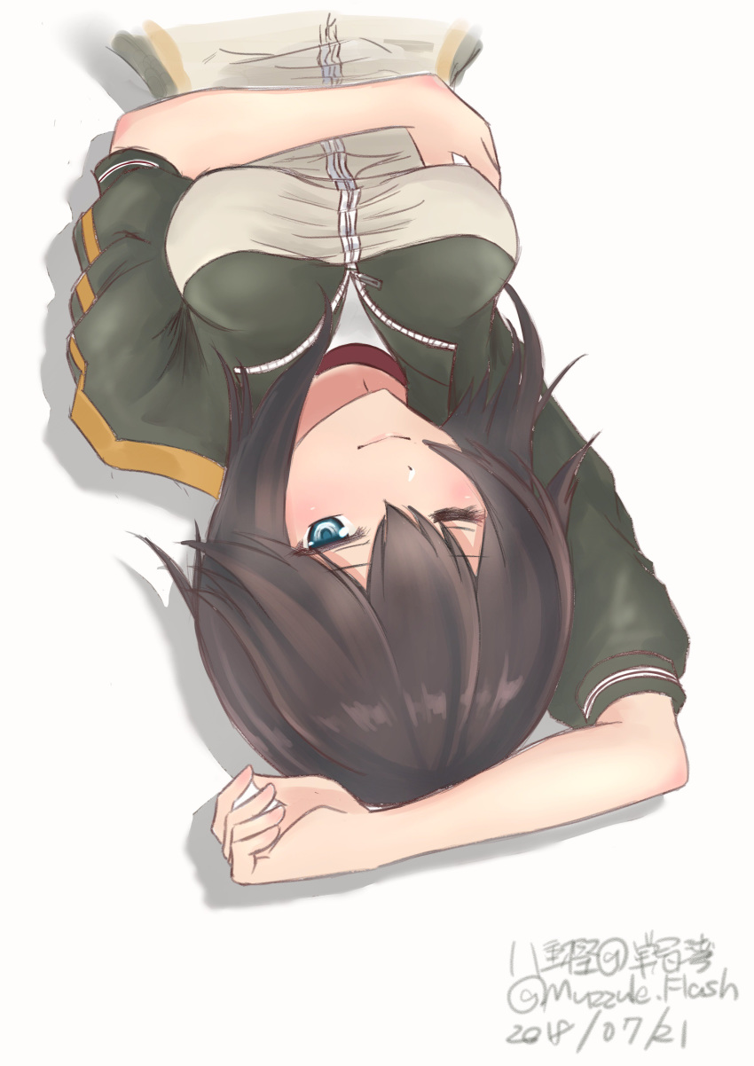 absurdres arm_up artist_name black_hair blue_eyes commentary_request dated female hayasui_(kancolle) highres jacket kantai_collection looking_at_viewer multicolored_clothes multicolored_jacket one_eye_closed short_hair simple_background solo track_jacket twitter_username upside-down white_background yaegashi_(muzzuleflash)