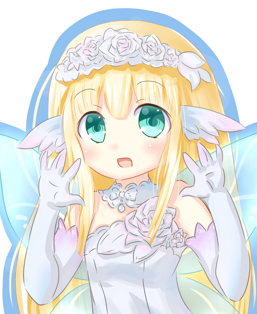 blonde_hair blue_eyes bouquet_(neptunia) commentary_request dress fairy_wings female flower four_goddesses_online:_cyber_dimension_neptune gloves hair_flower hair_ornament highres kazuneko_(wktk1024) long_hair necktie neptune_(series) open_mouth smile solo white_dress white_gloves wings