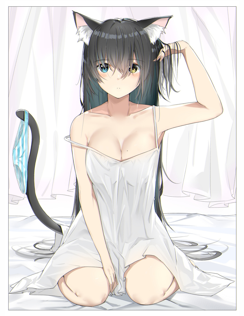 absurdres animal_ears arm_up bare_arms bare_shoulders bed_sheet between_legs black_hair blue_eyes blush breasts cat_ears cat_girl cat_tail cleavage closed_mouth collarbone commentary curtains dress female fingernails hair_between_eyes hand_between_legs hand_in_own_hair heterochromia highres long_hair looking_at_viewer medium_breasts mole mole_on_breast original panties panties_around_tail sitting sleeveless sleeveless_dress solo strap_slip striped_clothes striped_panties suzuharu_toufu tail underwear unworn_panties very_long_hair wariza white_dress yellow_eyes